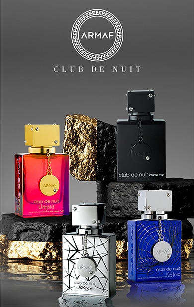 Parfumuri Armaf Club De Nuit – colecție premium cu sticle elegante în culori roșu, negru, argintiu și albastru, pe fundal luxos cu textură aurie și neagră